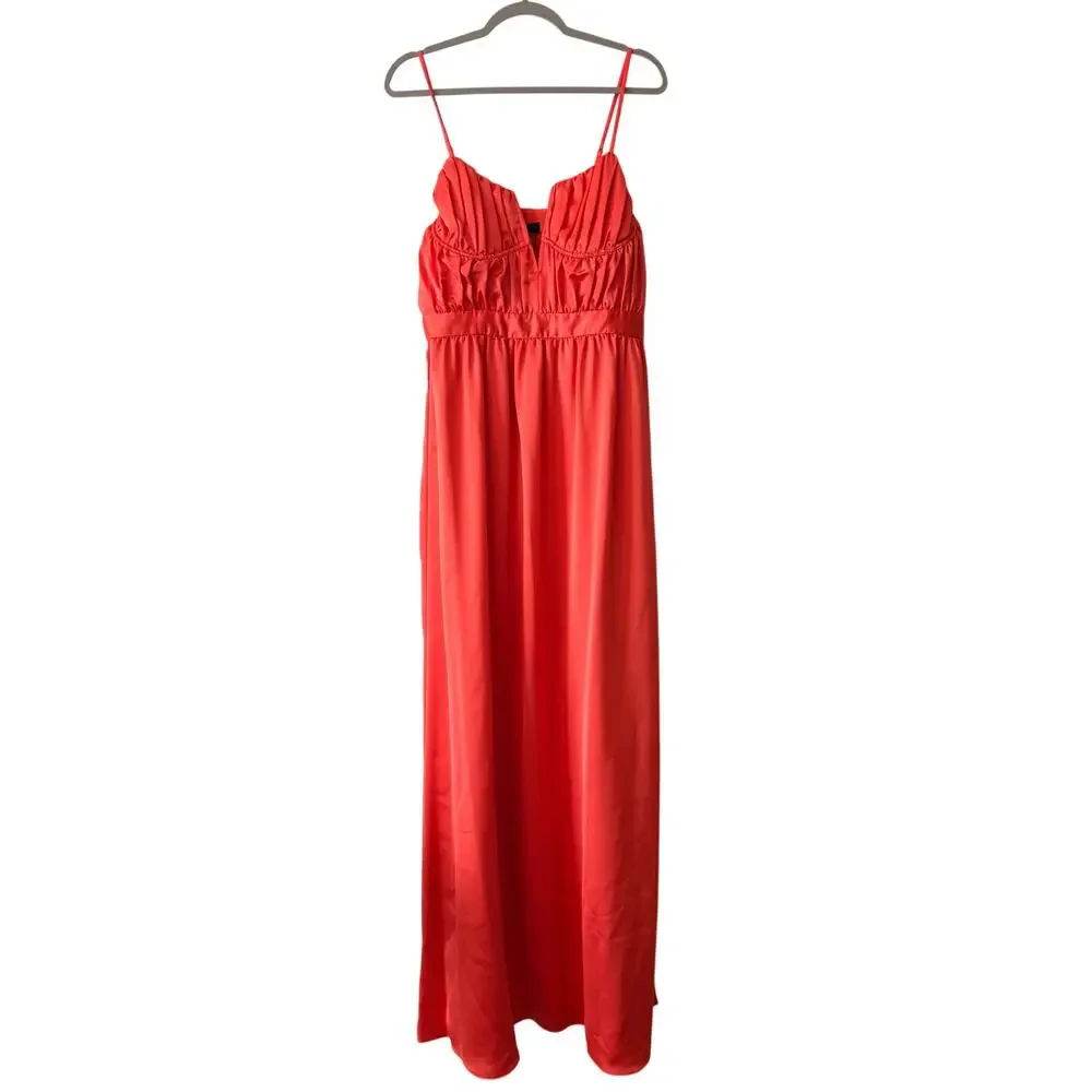 Ramy Brook Maxi Dress Size 12 Guava Coral Pink Satin Corset Plunge Neck Dress